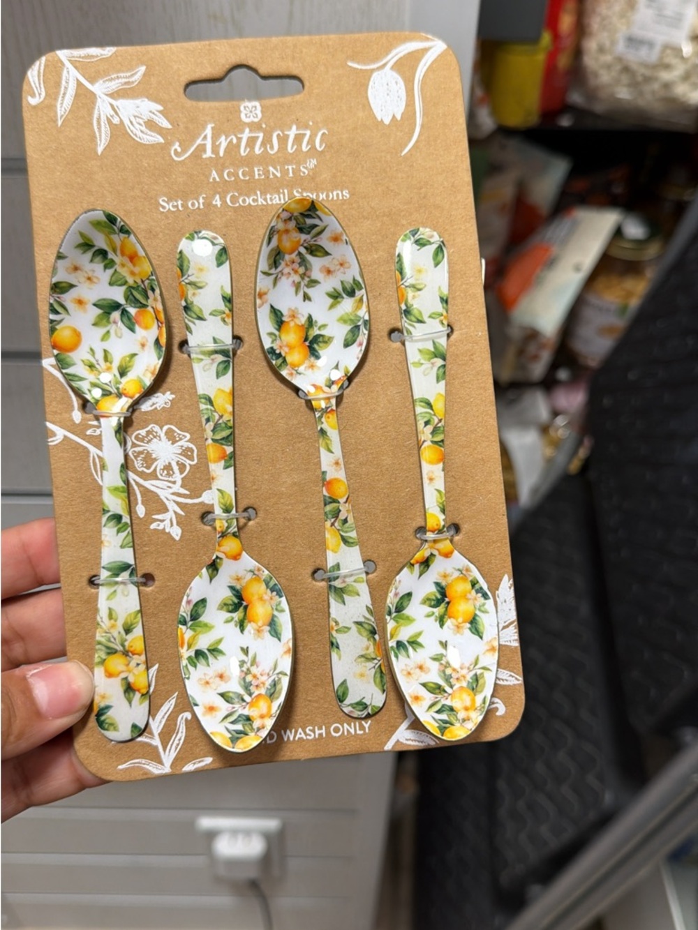 Lemon Pattern Cocktail Spoons - Set of 4, White/Yellow